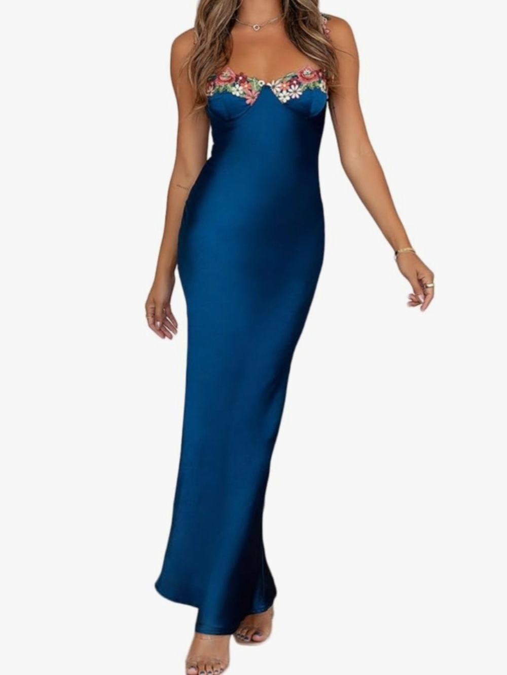 Satin Spaghetti Strap Floral Embroidered Maxi Dress